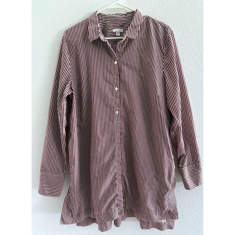 J Jill button Down Tunic Women XLT Burgundy White Stripe Career Classic Preppy - Picture 1 of 8